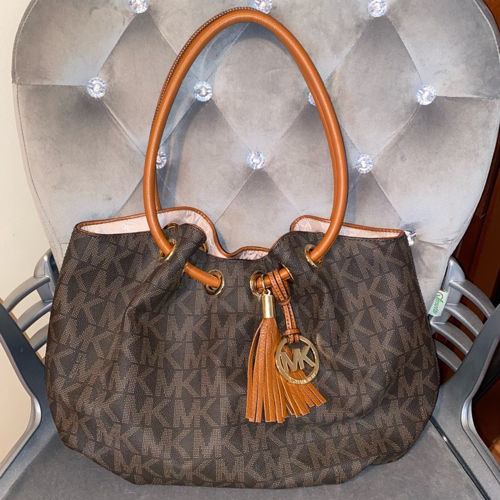 MICHAEL KORS Authentic Signature Ring Tote Brown Monogram Leather Shoulder Bag